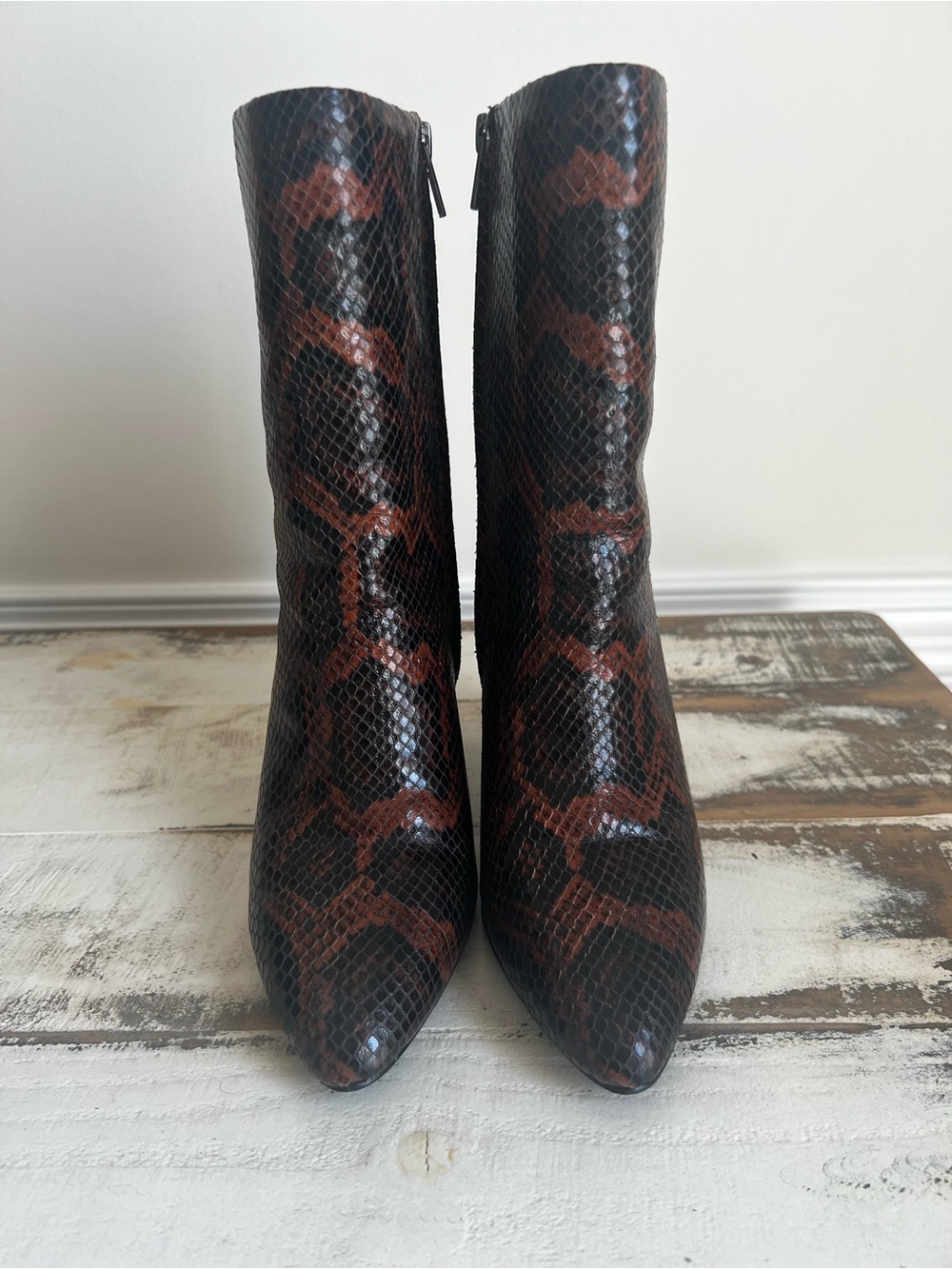 Ash Brown and Black Snakeskin Pointed Toe Ankle Boots